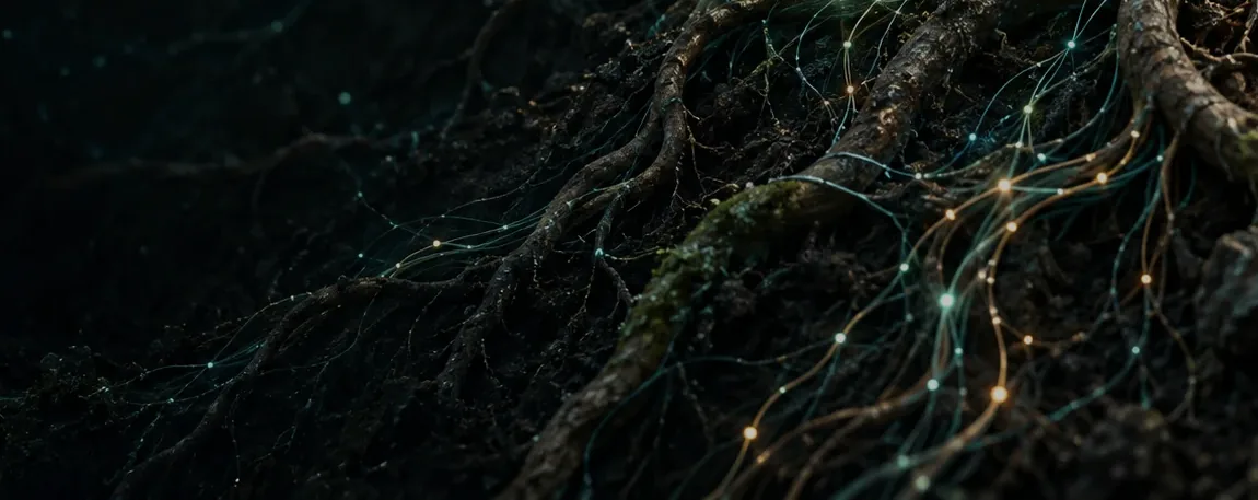 Detalhe fechado de pontas de raiz e filamentos de luz sobre terra escura.