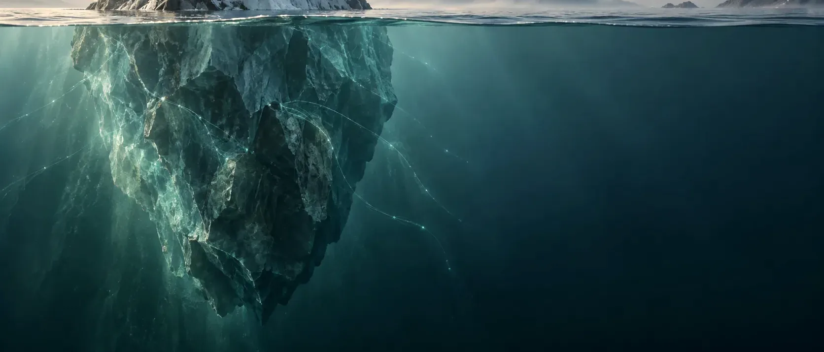 Iceberg cortado pela linha da superfície, com a massa submersa muito maior que a parte visível.